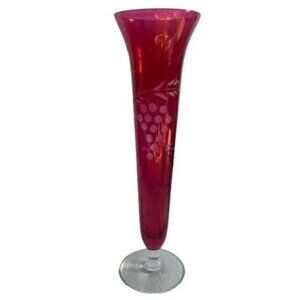 Vintage Cranberry Etched Cut Glass Bud Vase 9.75 inch Tall